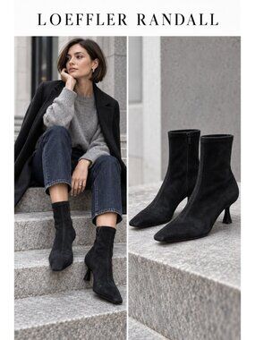 Loeffler Randall Black Genuine Suede Sock Ankle Boots Kitten Heel Size 7B